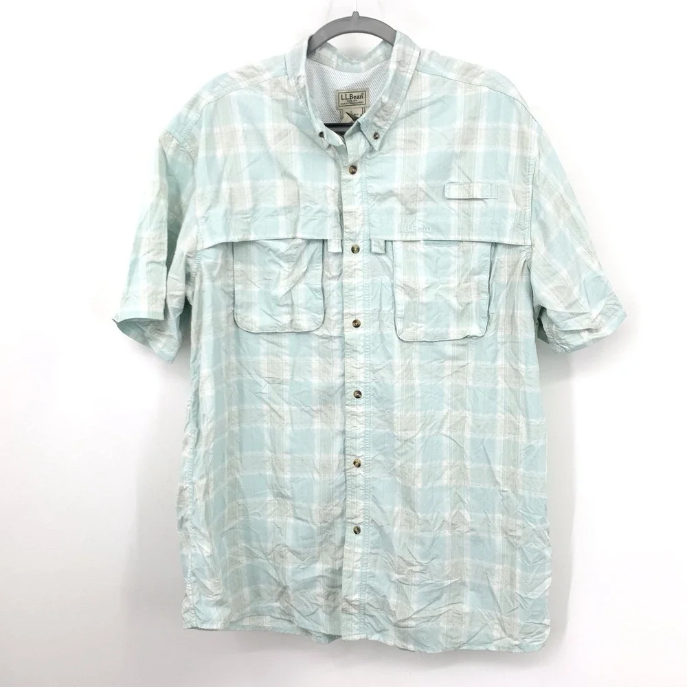 LL Bean Men‎ Size XXL Shirt Blue Plaid Short Sleeve Button Down Top Nylon Vent
